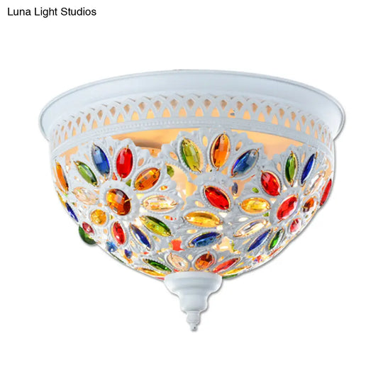 Modernist Bowl Flush Mount Ceiling Light With Crystal Gem Detail - 2-Light Metal Fixture In
