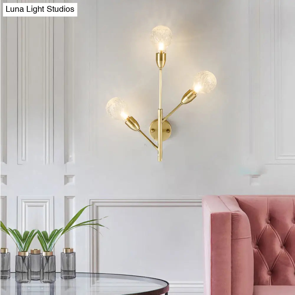 Modernist Brass Armed Sconce Lamp Wall Mount Light Fixure With Prismatic Glass Ball Shade - 3 Bulbs