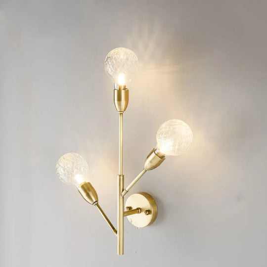 Modernist Brass Armed Sconce Lamp Wall Mount Light Fixure With Prismatic Glass Ball Shade - 3 Bulbs