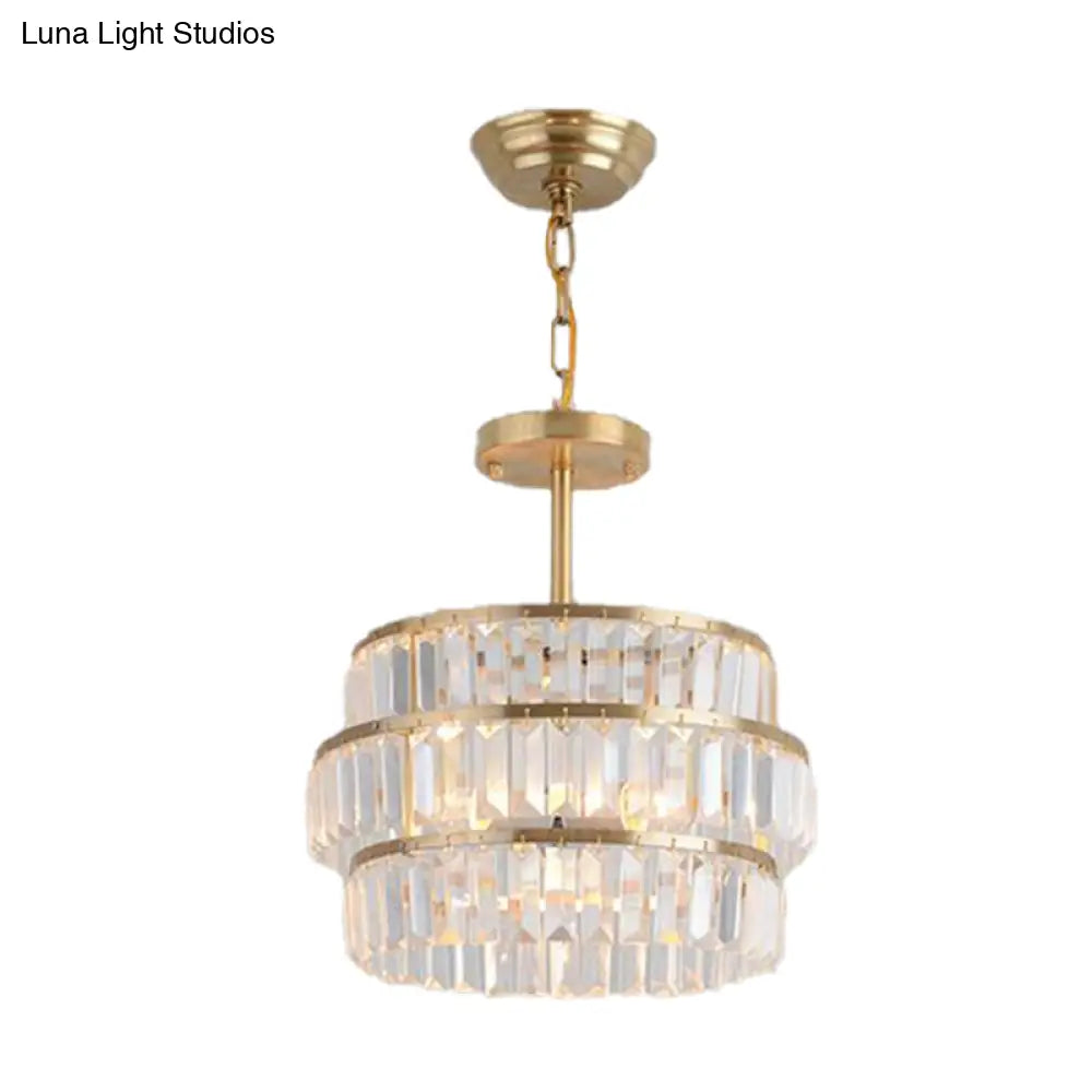 Modernist Brass Layered Ceiling Chandelier With Crystal Suspension - 3 Bulbs Pendant Light