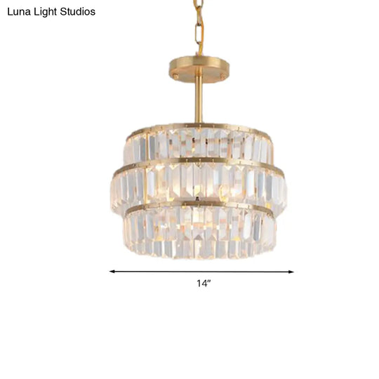 Modernist Brass Layered Ceiling Chandelier With Crystal Suspension - 3 Bulbs Pendant Light