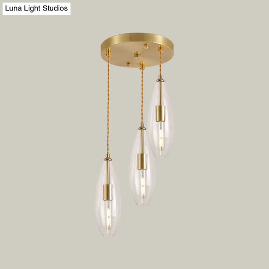 Modern Brass Waterdrop Multi Light Pendant With Clear Glass Suspension - 3 Bulbs | Round Canopy