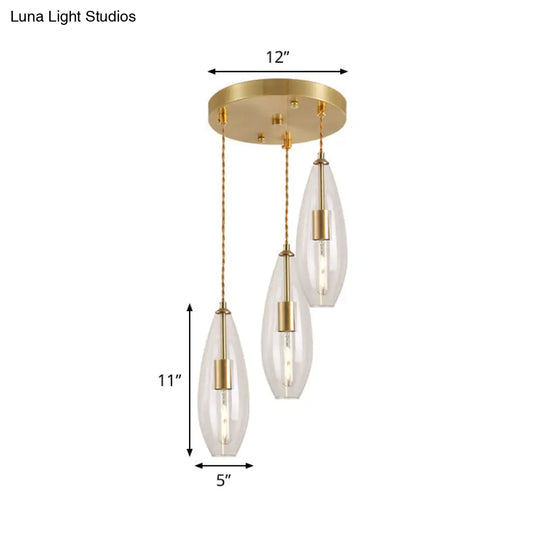 Modern Brass Waterdrop Multi Light Pendant With Clear Glass Suspension - 3 Bulbs | Round Canopy