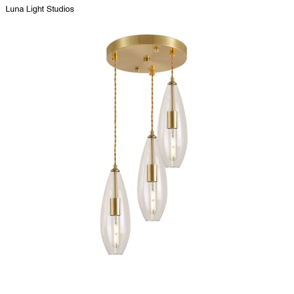 Modern Brass Waterdrop Multi Light Pendant With Clear Glass Suspension - 3 Bulbs | Round Canopy