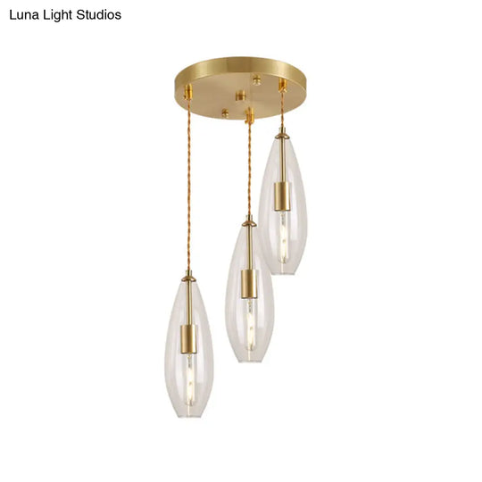 Modern Brass Waterdrop Multi Light Pendant With Clear Glass Suspension - 3 Bulbs | Round Canopy