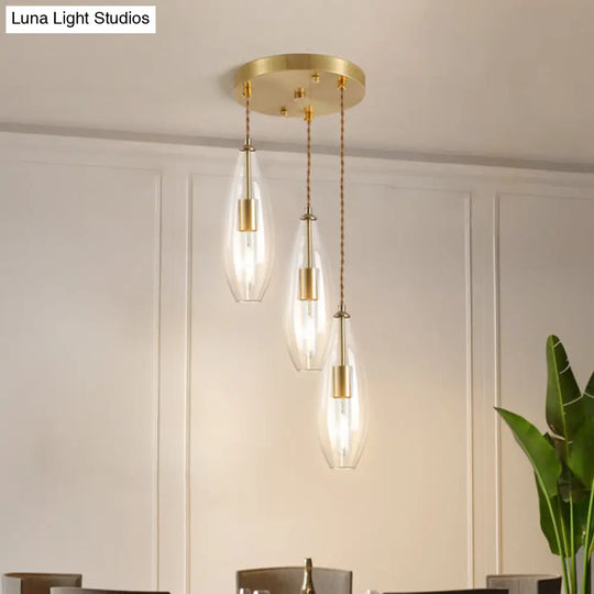 Modern Brass Waterdrop Multi Light Pendant With Clear Glass Suspension - 3 Bulbs | Round Canopy