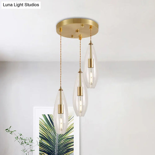 Modern Brass Waterdrop Multi Light Pendant With Clear Glass Suspension - 3 Bulbs | Round Canopy