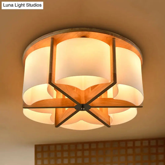 Modernist Brown Bedroom Flush Mount Ceiling Light With Cylinder Wood Shade (4/6 Lights)