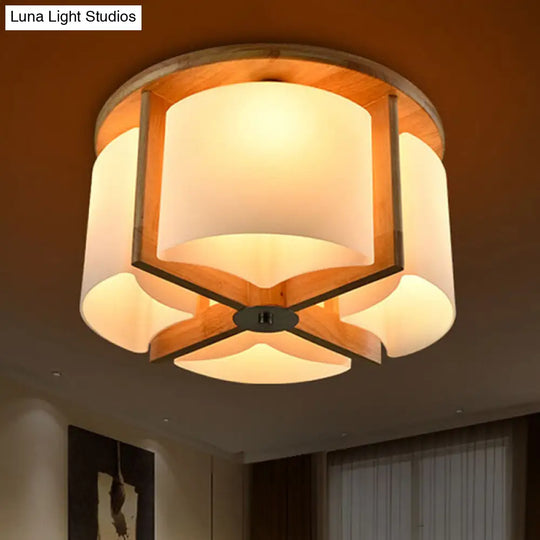 Modernist Brown Bedroom Flush Mount Ceiling Light With Cylinder Wood Shade (4/6 Lights)