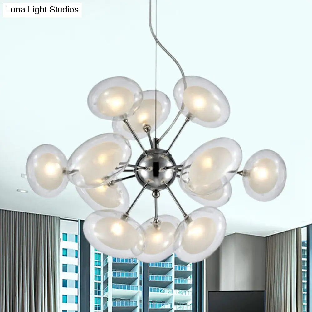 Modernist Dual Oblate Glass 12-Light Chrome Hanging Chandelier - Burst Lighting Fixture Clear