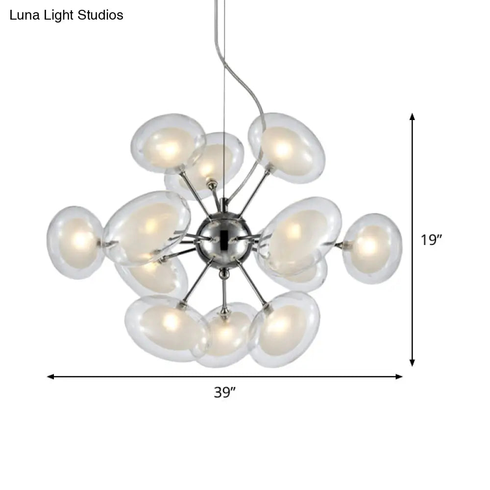 Modernist Dual Oblate Glass 12-Light Chrome Hanging Chandelier - Burst Lighting Fixture