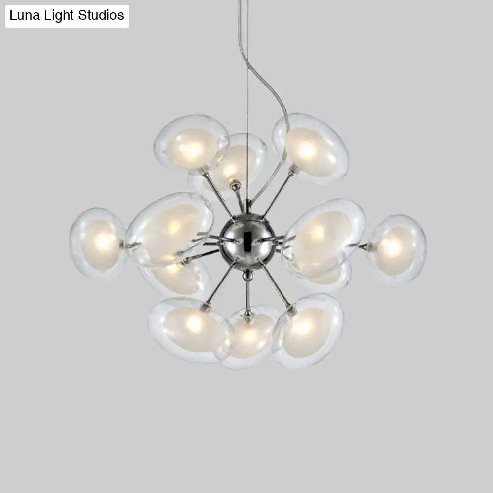 Modernist Burst Chandelier - Dual Oblate Glass 12-Light Chrome Suspension Lighting