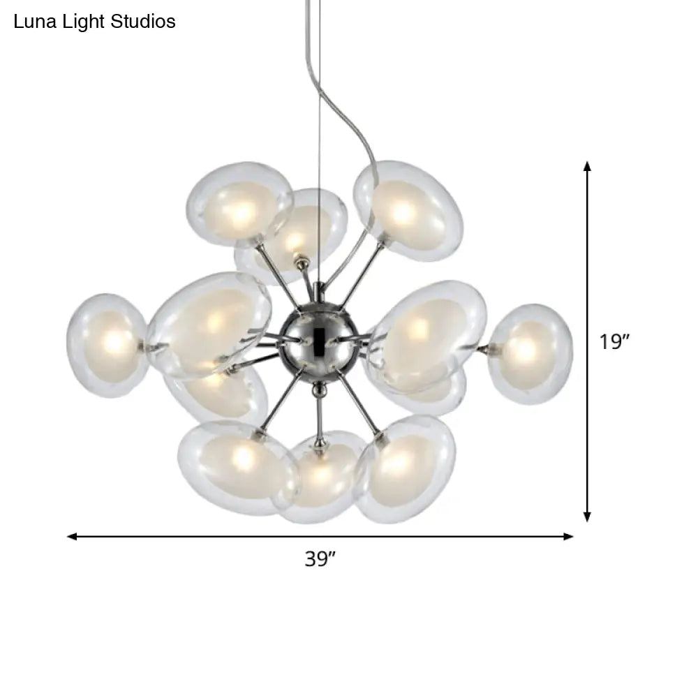 Modernist Burst Chandelier - Dual Oblate Glass 12-Light Chrome Suspension Lighting