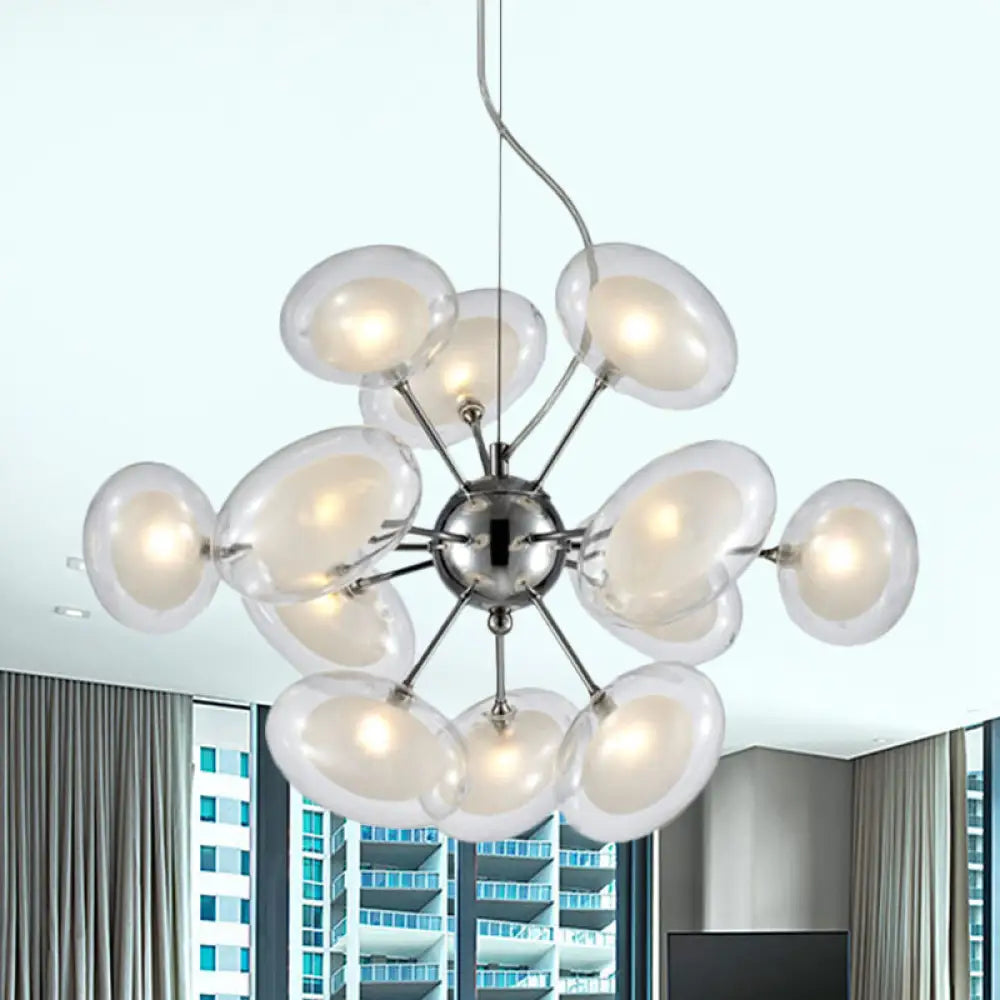 Modernist Burst Chandelier - Dual Oblate Glass 12-Light Chrome Suspension Lighting Clear