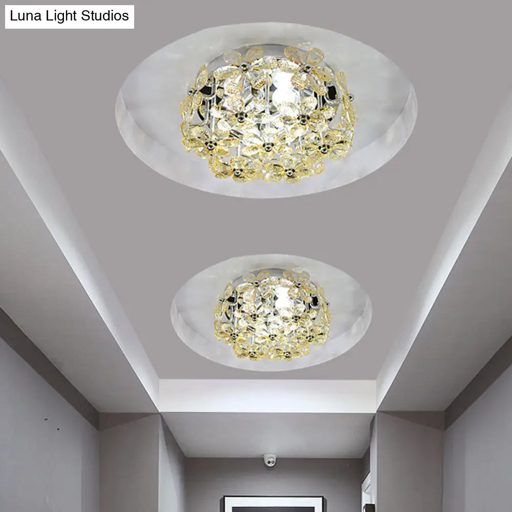Modernist Chrome Blossom Flush Mount Lighting - 4 Bulbs Clear/Amber Crystal Ceiling Light
