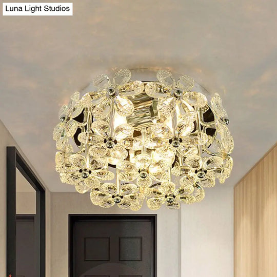 Modernist Chrome Blossom Flush Mount Lighting - 4 Bulbs Clear/Amber Crystal Ceiling Light