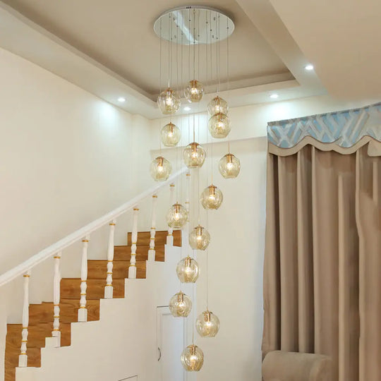Modernist Chrome Cluster Pendant Light - Dimpled Glass Ceiling Lamp For Living Room 15 / Cognac
