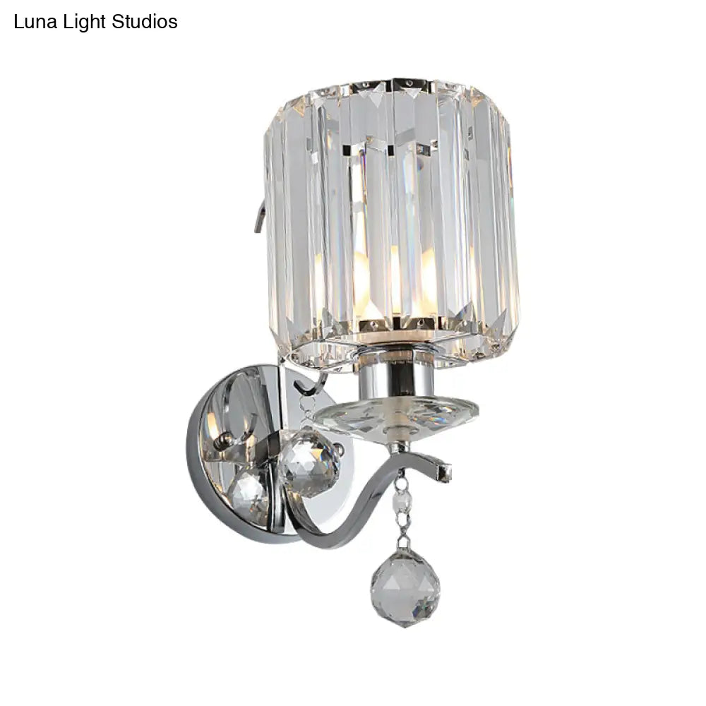 Modernist Chrome Cylinder Wall Sconce With Clear Crystal Orbit Drop - 1 Bulb Lighting