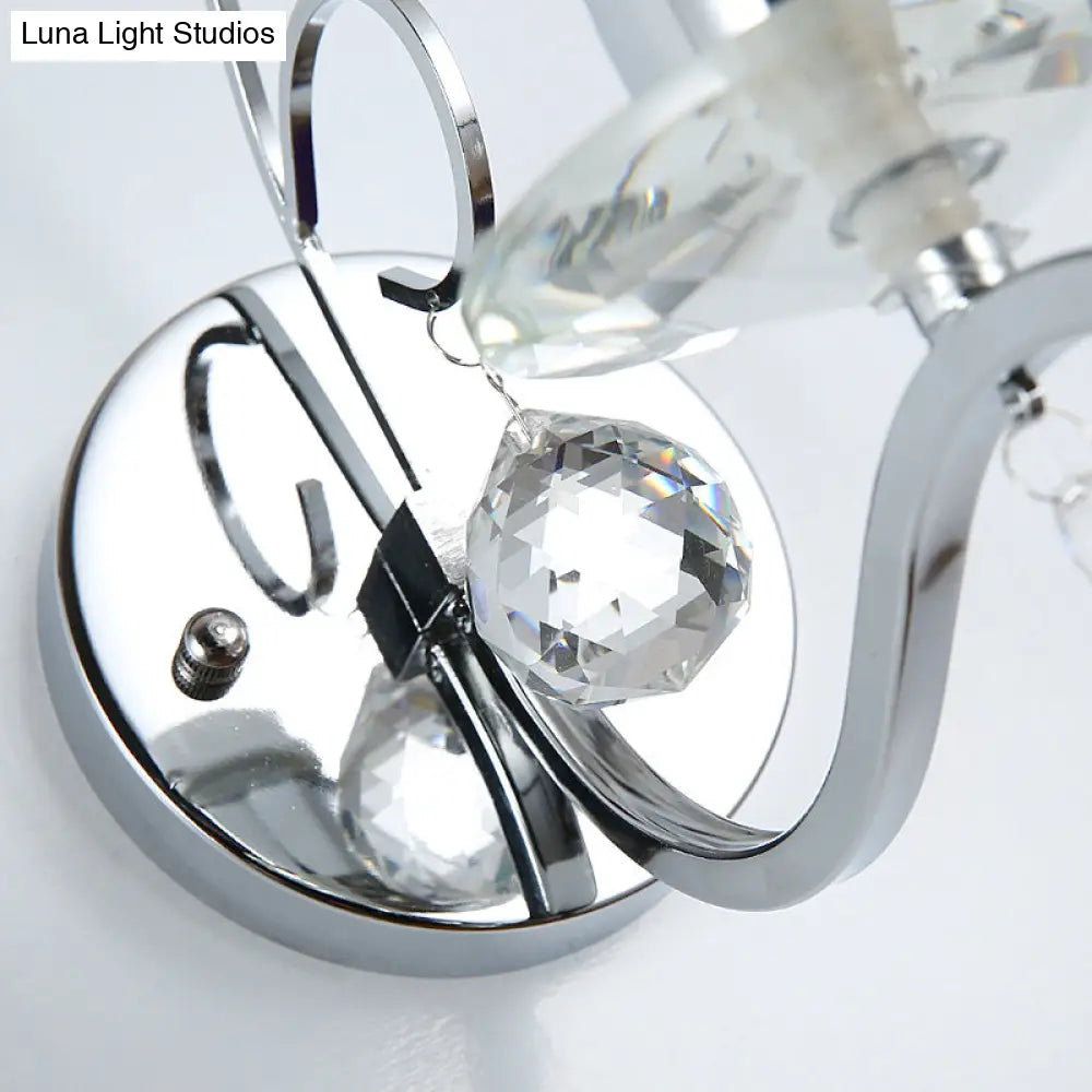 Modernist Chrome Cylinder Wall Sconce With Clear Crystal Orbit Drop - 1 Bulb Lighting