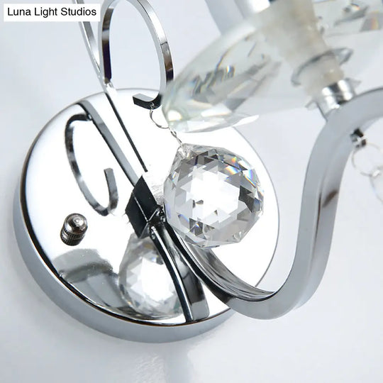 Modernist Chrome Cylinder Wall Sconce With Clear Crystal Orbit Drop - 1 Bulb Lighting