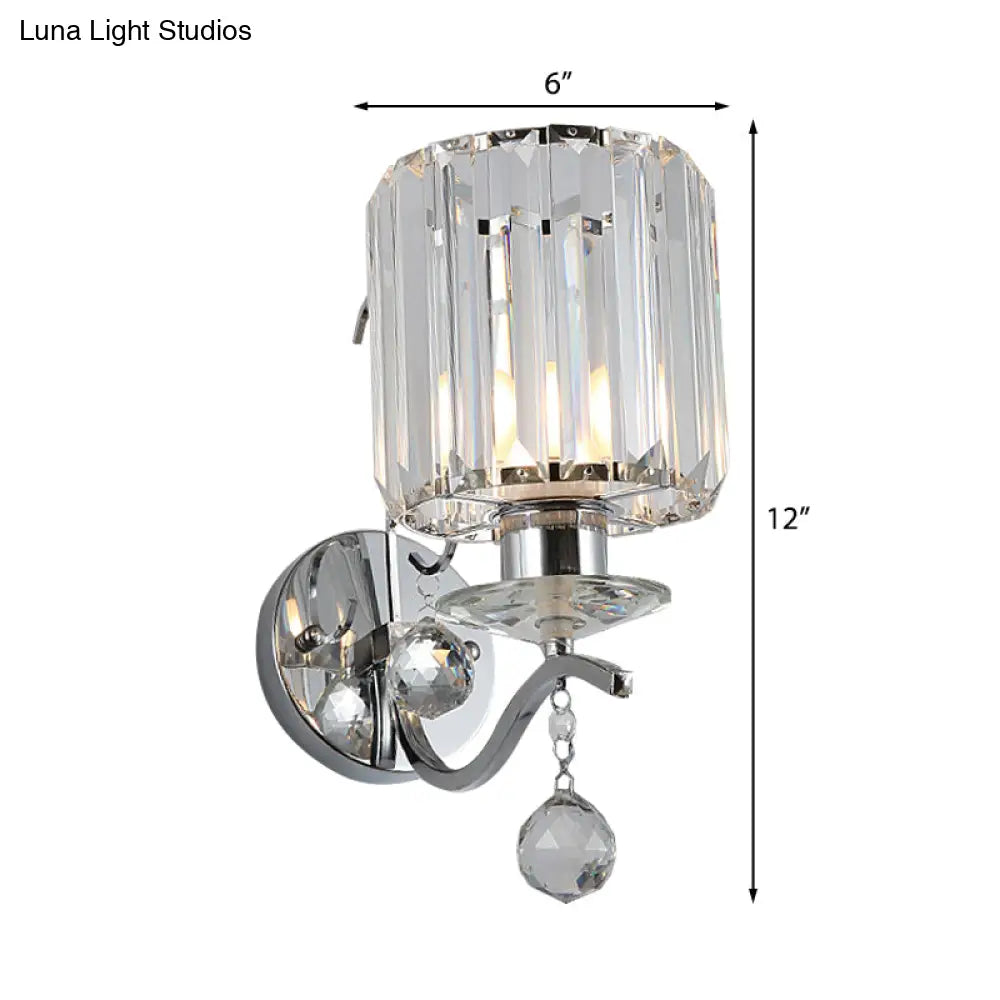 Modernist Chrome Cylinder Wall Sconce With Clear Crystal Orbit Drop - 1 Bulb Lighting