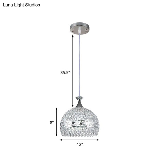 Clear Crystal & Metal Dome Pendant Lamp - Chrome Finish 8/10/12 Wide Modernist Style