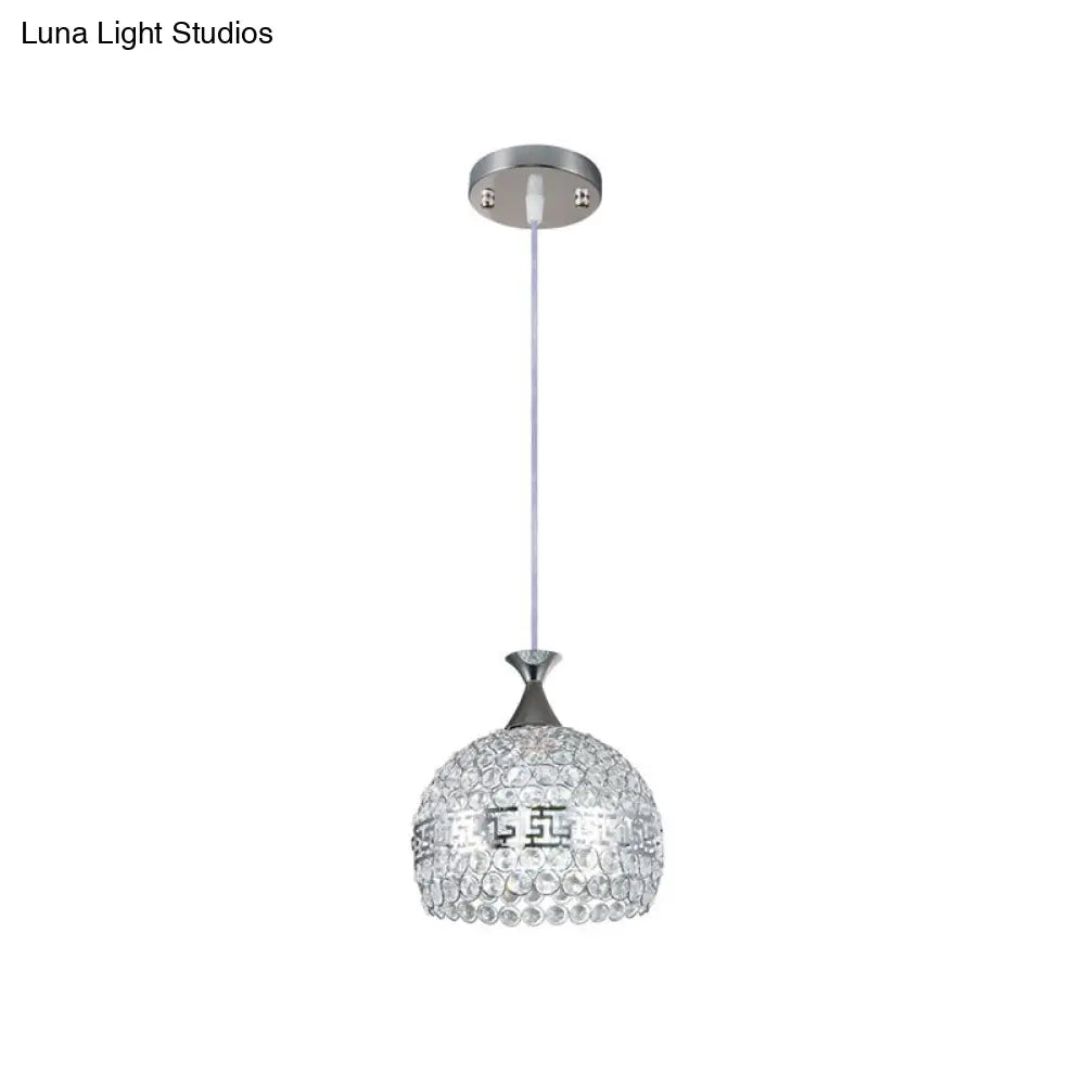 Clear Crystal & Metal Dome Pendant Lamp - Chrome Finish 8/10/12 Wide Modernist Style