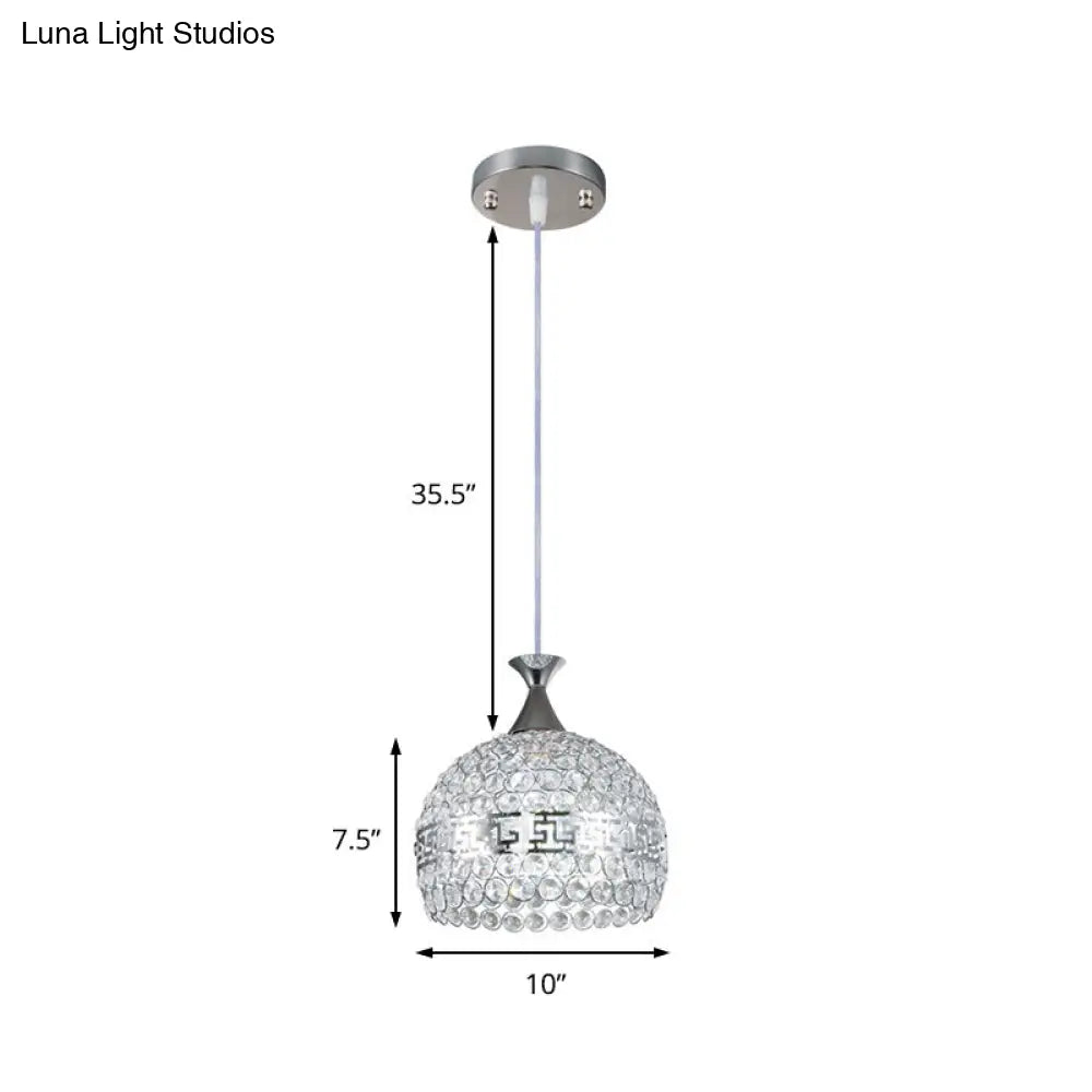 Clear Crystal & Metal Dome Pendant Lamp - Chrome Finish 8/10/12 Wide Modernist Style