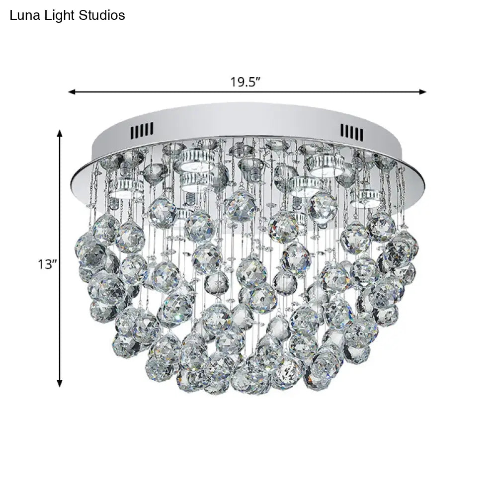 Modernist Chrome Flush Mount Light With 9 Crystal Orbs For Living Room Ceiling