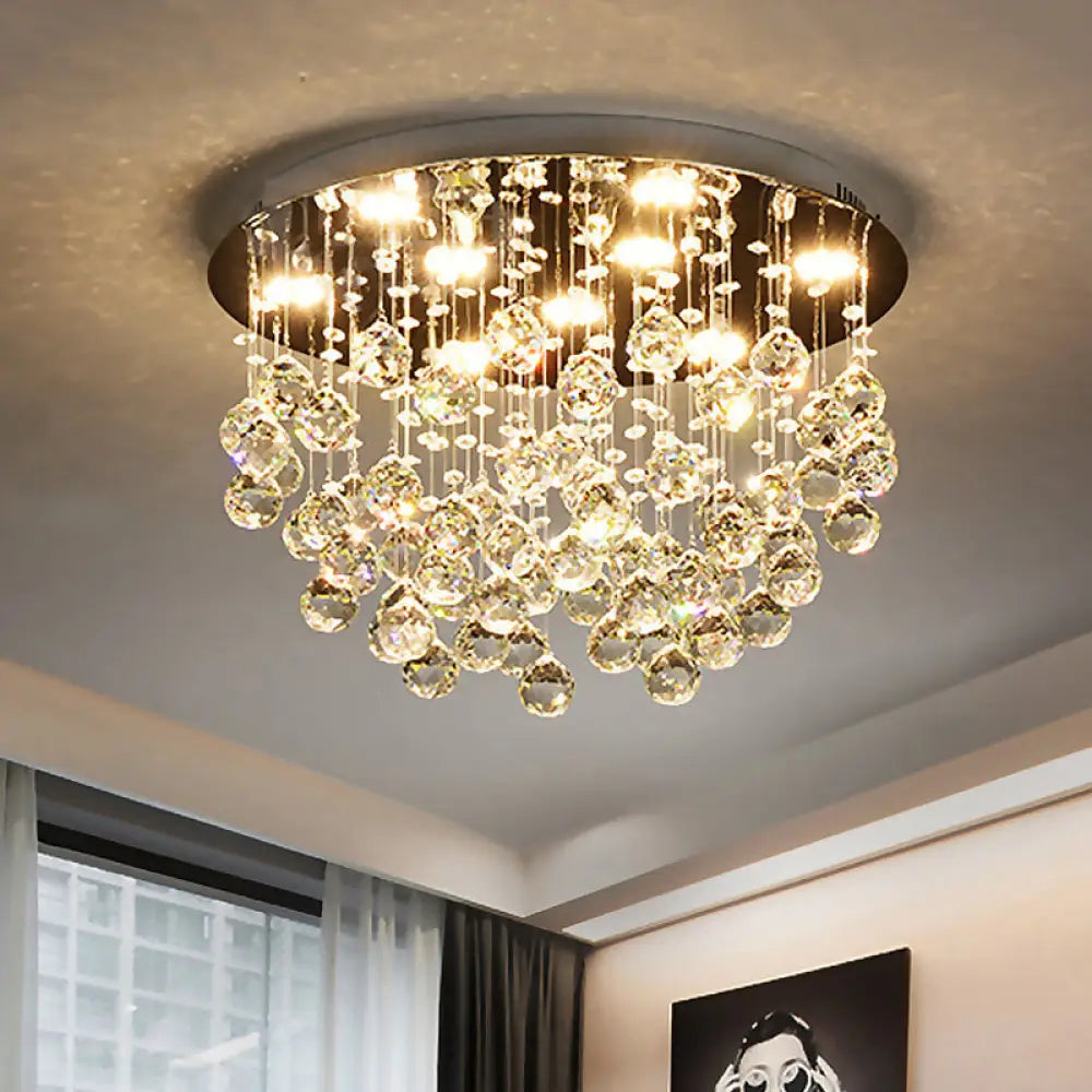 Modernist Chrome Flush Mount Light With 9 Crystal Orbs For Living Room Ceiling