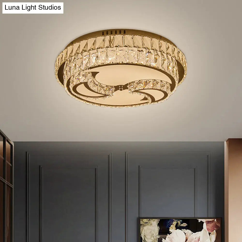 Modernist Chrome Led Ceiling Lamp With Beveled Crystal For Sleeping Room / Moon