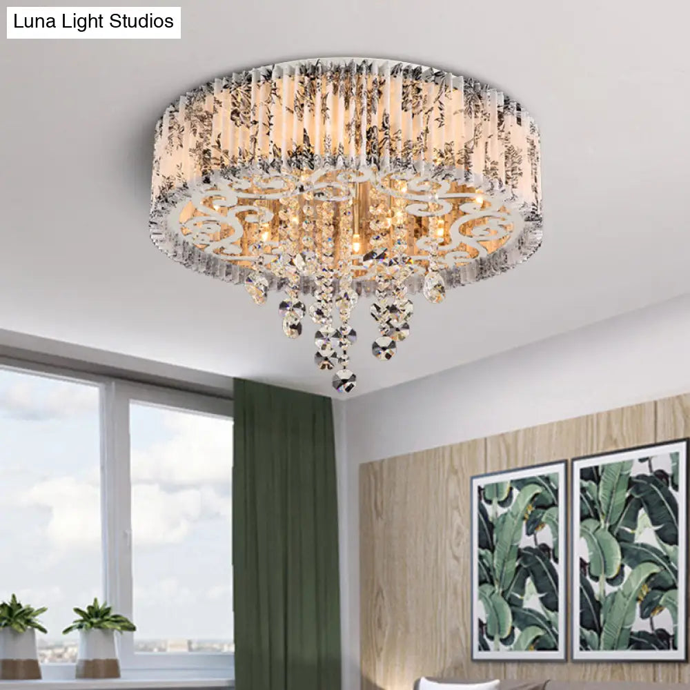Modernist Circle Flush Ceiling Light: 5 - Bulb Pleated Fabric Flushmount With Crystal Draping –