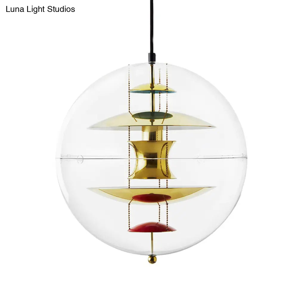 Modernist 1-Head Clear Acrylic Ball Pendant Ceiling Light With Disc Deco - White/Gold/Silver