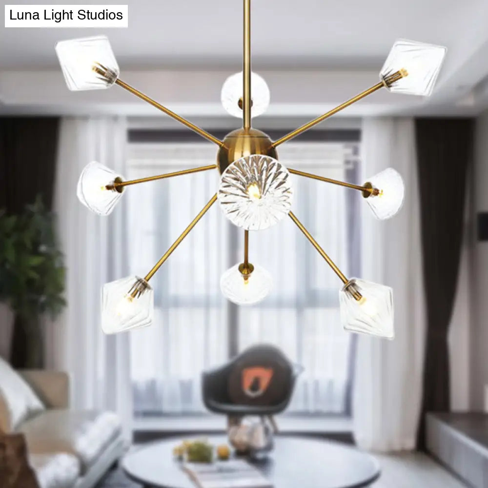 Modernist Clear/Amber Glass Diamond Chandelier With Sputnik Design - 9 Bulbs Led Pendant Lamp In