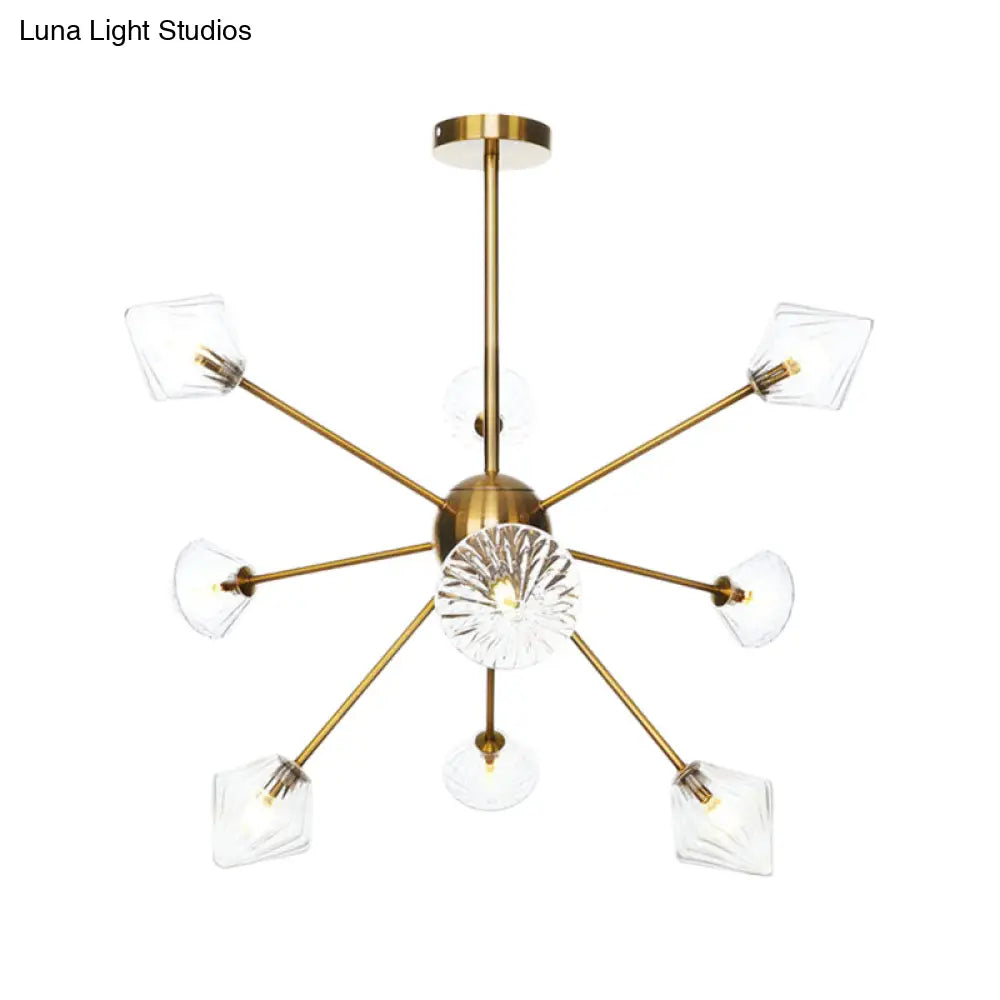 Modernist Clear/Amber Glass Diamond Chandelier With Sputnik Design - 9 Bulbs Led Pendant Lamp In