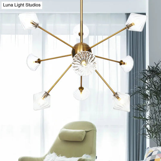 Modernist Clear/Amber Glass Diamond Chandelier With Sputnik Design - 9 Bulbs Led Pendant Lamp In