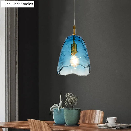 Modern Scalloped Glass Pendant Lamp In Clear/Blue With Brass Finish - Perfect For Open Kitchen