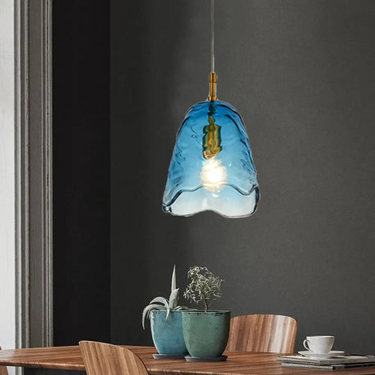 Modernist Clear/Blue Ripple Glass Ceiling Pendant Lamp With Scalloped Design And Brass Finish Blue