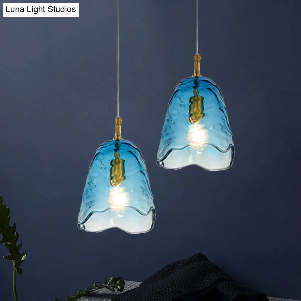 Modern Scalloped Glass Pendant Lamp In Clear/Blue With Brass Finish - Perfect For Open Kitchen