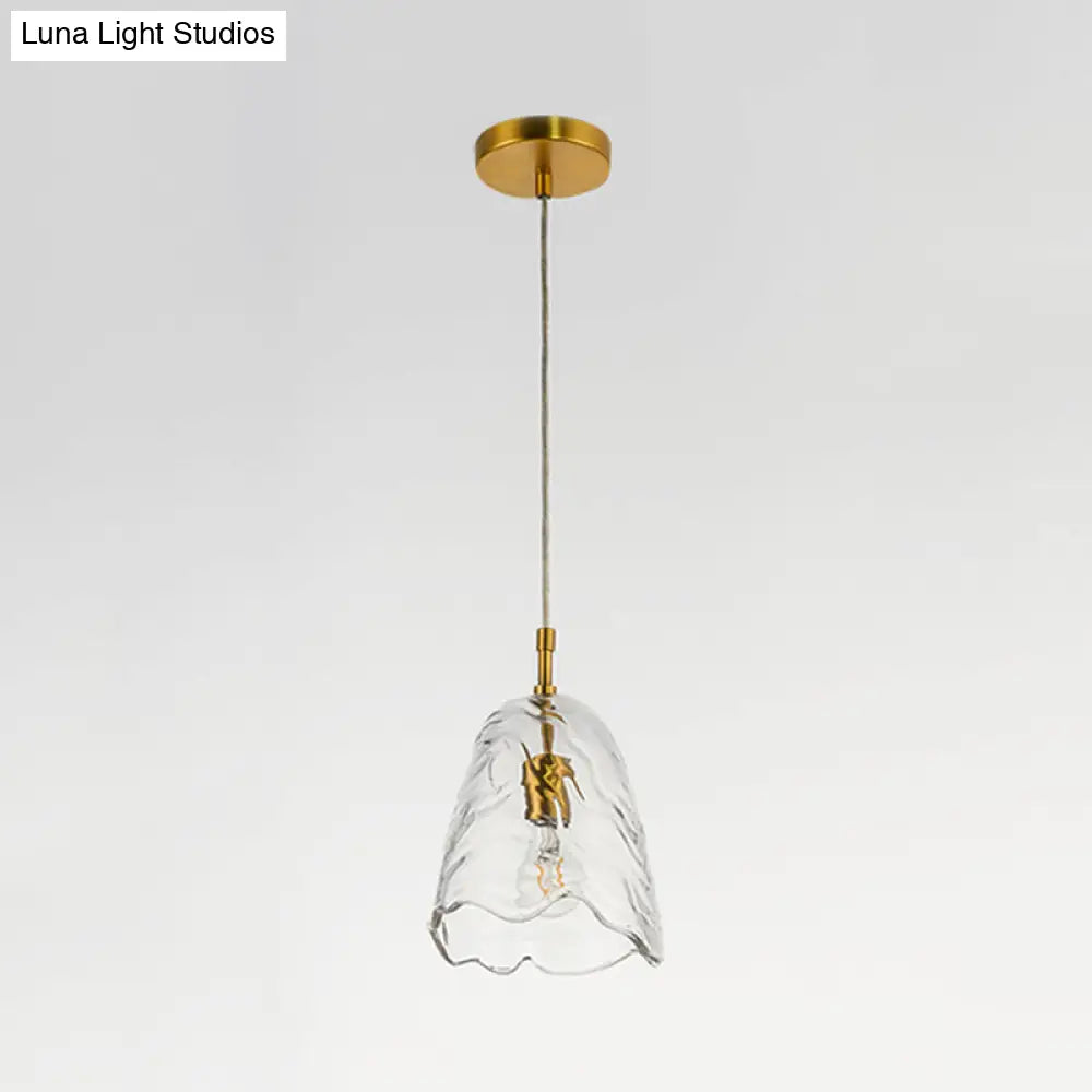 Modernist Clear/Blue Ripple Glass Ceiling Pendant Lamp With Scalloped Design And Brass Finish