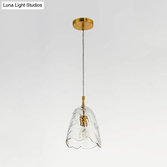 Modernist Clear/Blue Ripple Glass Ceiling Pendant Lamp With Scalloped Design And Brass Finish