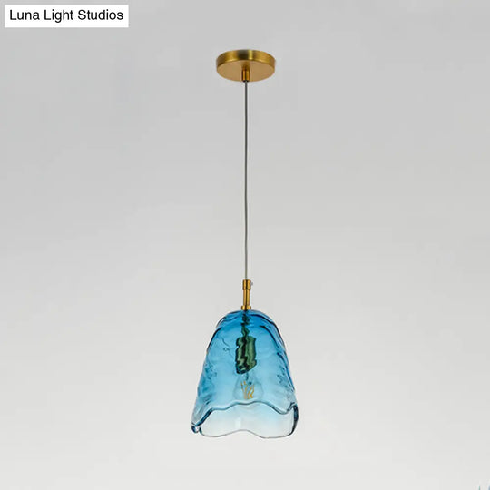 Modernist Clear/Blue Ripple Glass Ceiling Pendant Lamp With Scalloped Design And Brass Finish