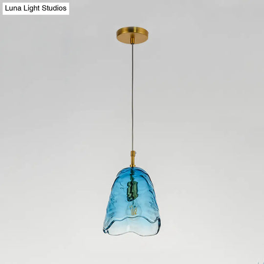 Modern Scalloped Glass Pendant Lamp In Clear/Blue With Brass Finish - Perfect For Open Kitchen