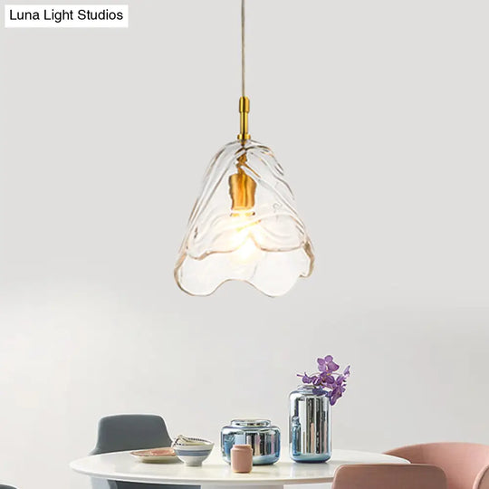 Modern Scalloped Glass Pendant Lamp In Clear/Blue With Brass Finish - Perfect For Open Kitchen