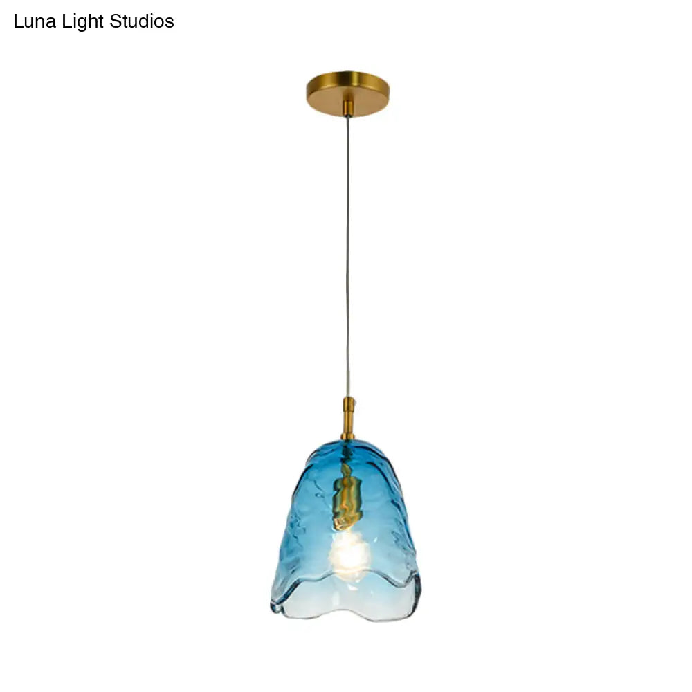 Modern Scalloped Glass Pendant Lamp In Clear/Blue With Brass Finish - Perfect For Open Kitchen