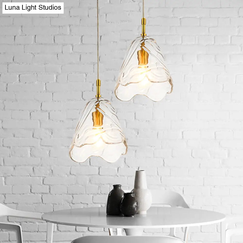 Modern Scalloped Glass Pendant Lamp In Clear/Blue With Brass Finish - Perfect For Open Kitchen