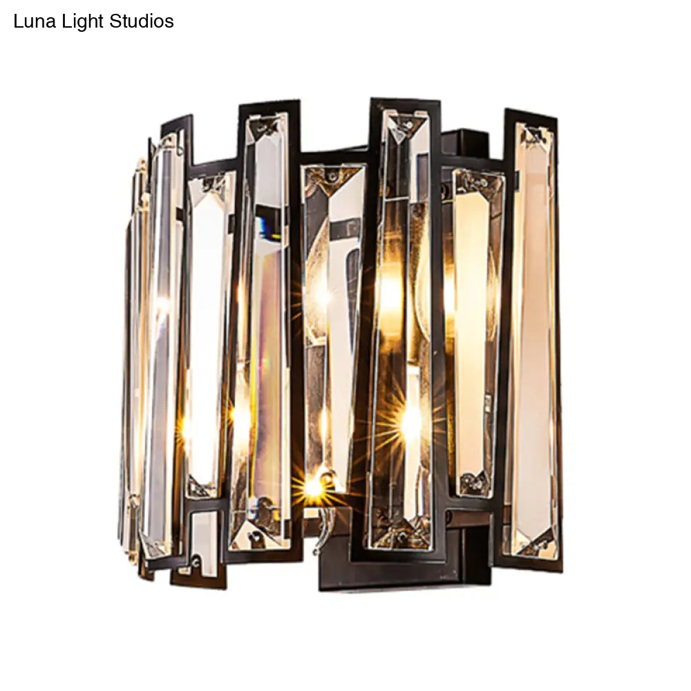 Modernist Clear Crystal Drum Wall Sconce - 2 Lights Black Finish Ideal For Corridors