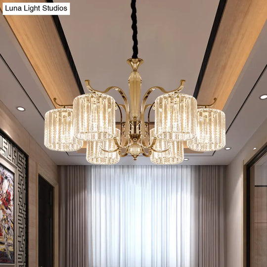 Contemporary Cylindrical Chandelier - 6 Head Clear Crystal Prism Suspension Light