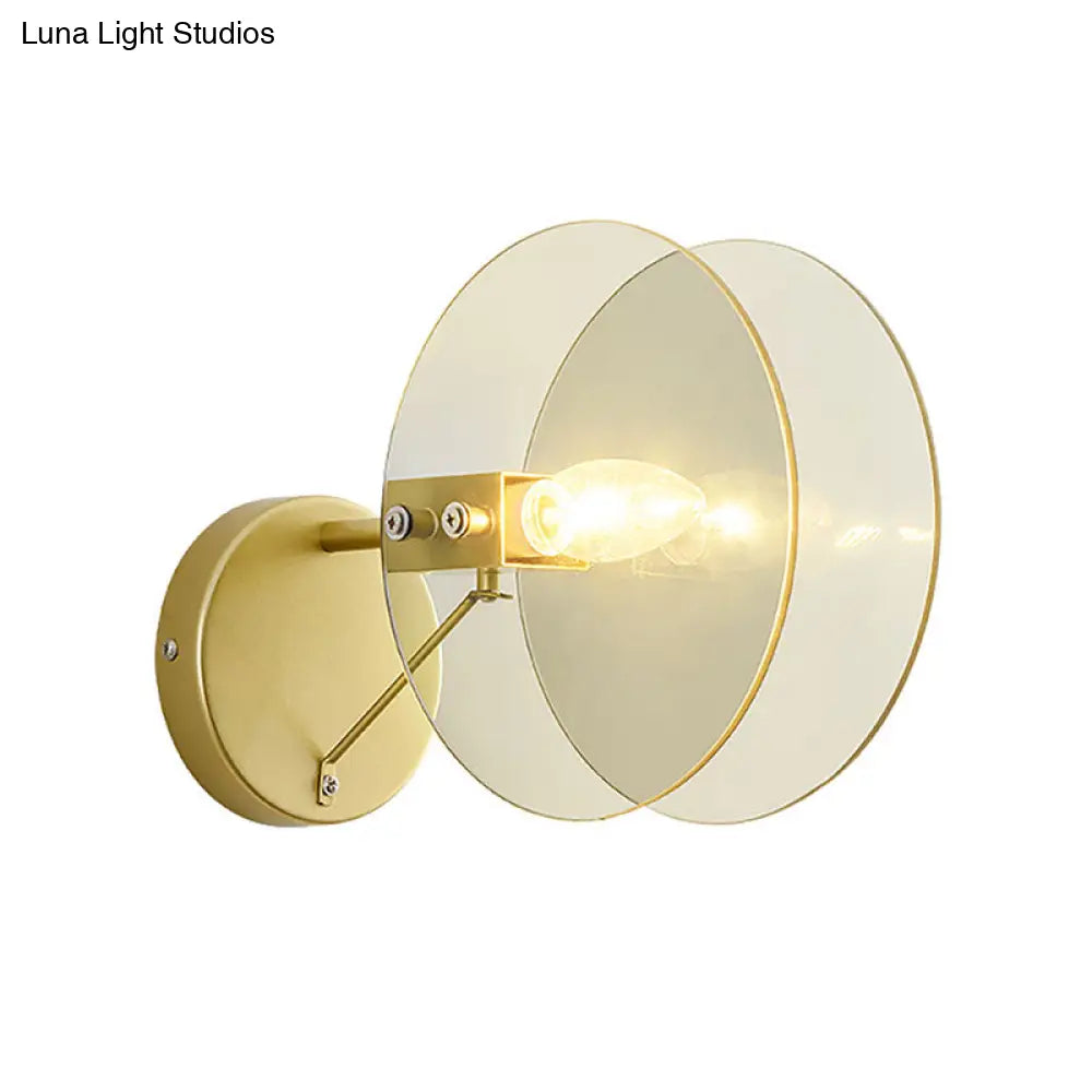 Modernist Clear Glass 2-Disk Sconce In Gold: 1-Light Wall Mount Fixture For Living Room