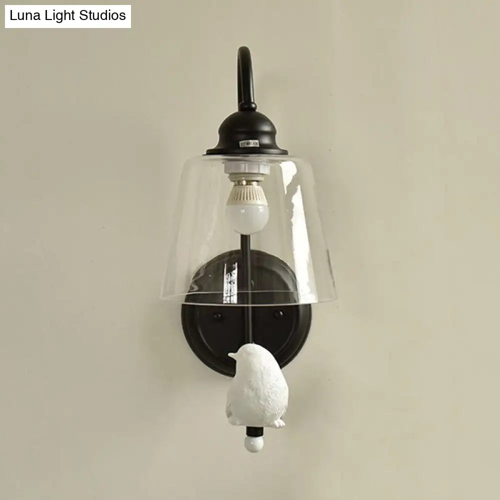 Modernist Clear Glass Cone Wall Lamp - 1 Light White/Black Flush Mount Sconce With White Bird